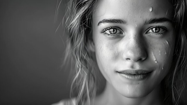 A girl in her early 20s with a smile on one side of her face and tears on the other portraying the conflicting emotions of schizophrenia, Emotional Black and White Photo of a Crying Girl