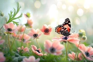 Fototapeta na wymiar Beautiful Blooms in Shades of Pink with Delicate Butterflies Fluttering Amongst Vibrant Blossoms, Pink Petals Adorned with Graceful Butterflies in a Garden of Colorful Flowers.
