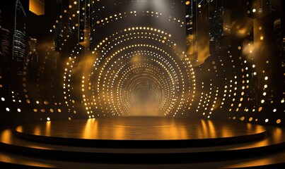 An empty stage with spotlights and twinkling lights in a circle behind it. generative AI