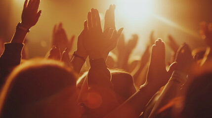 Concert or party, hands of concert goers from many people in the crowd, audience is celebrating and...
