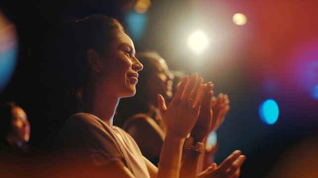 a concert or musical or theater or event and lecture, adult woman, age approx. 40, applauds, claps her hands, side view, caucasian, dark interior of the event