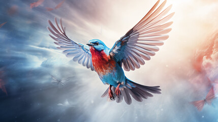 A bird with a blue and red body.