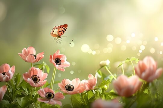 The image features a butterfly on pink flowers with a blurred background. The flowers are of varying sizes and are located at different heights. Some flowers are closer to the viewer, while others are