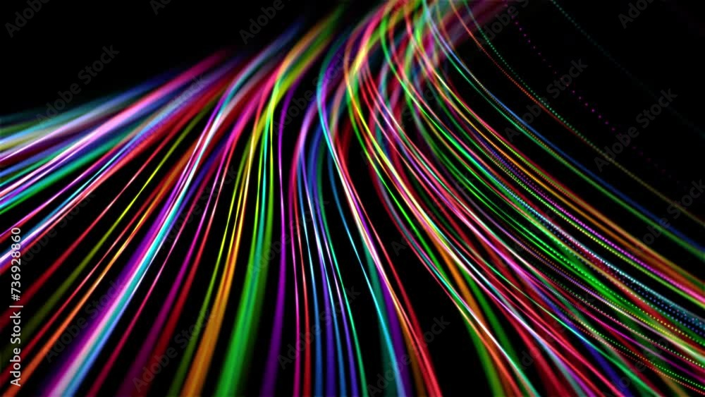 Poster wave motion of bright multi colored lines on black background. abstract concept of blockchain techno