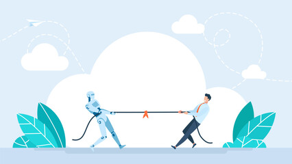 A man in business clothes is a tug of war with a robot. Businessman with robot are competing. Tug of war. A man versus a machine. Flat design. Isolated on a white background. Vector illustration