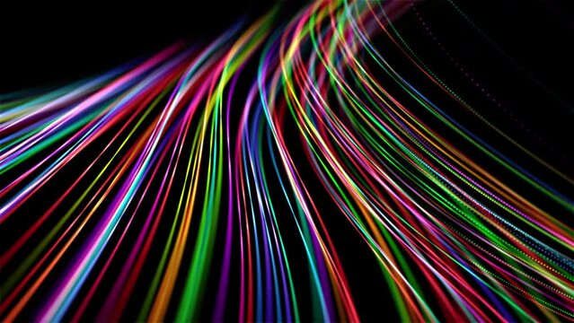 Wave motion of bright multi colored lines on black background. Abstract concept of blockchain technology, digital sound wave and artificial intelligence network. 4K video of vibrant colorful curves