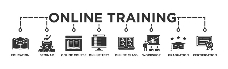 Online training banner web icon vector illustration concept with icon of education, seminar, online course, online test, online class, workshop, graduation, certification