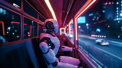 Naklejka premium a humanoid android robot with artificial intelligence, autonomous life form a machine a robot, everyday life, public road transport, bus or train
