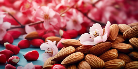 Almond flowers with petals close-up. Healthy food concept