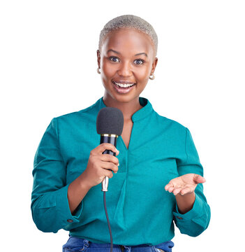 Happy, portrait and black woman with microphone for interview, news program or questions. Host, smile and young African female reporter, presenter or journalist isolated by transparent png background