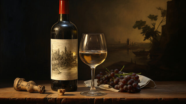 A bottle of wine and a glass of classic oil painting.