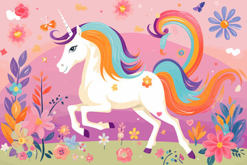 a unicorn with a rainbow mane running through a field of flowers