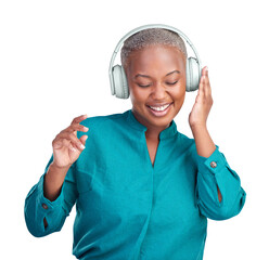 African woman, headphones and dance to music with smile, happy and joy on isolated, transparent png...