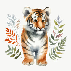 Kids watercolor illustration with king tiger.