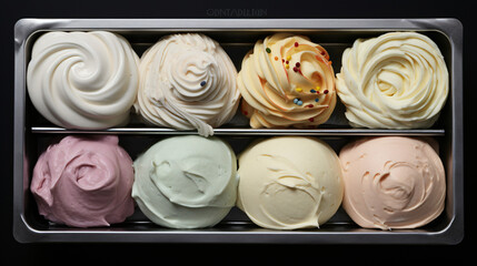 A box of creams with different colors of creams.