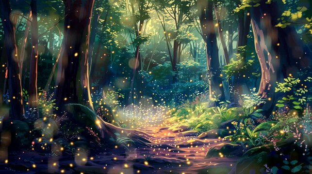 A magical forest filled with sparkling fireflies at dusk. Fantasy landscape anime or cartoon style, seamless looping 4k time-lapse virtual video animation background