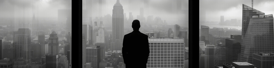 Businessman in Office Contemplating Next Investments - Black and White Image