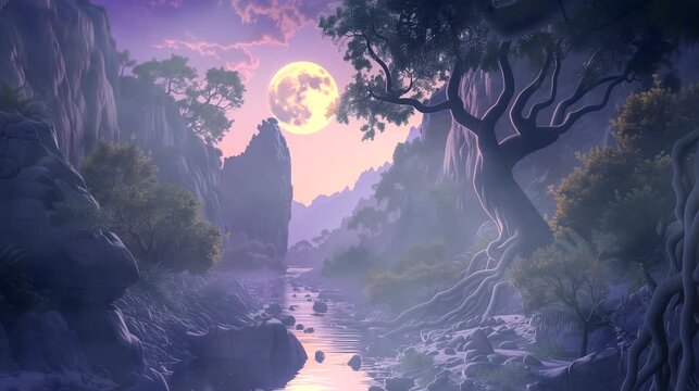 A tranquil canyon bathed in the warm glow of moonlight. Fantasy landscape anime or cartoon style, seamless looping 4k time-lapse virtual video animation background