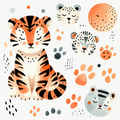 Kids watercolor illustration with cute baby tiger.