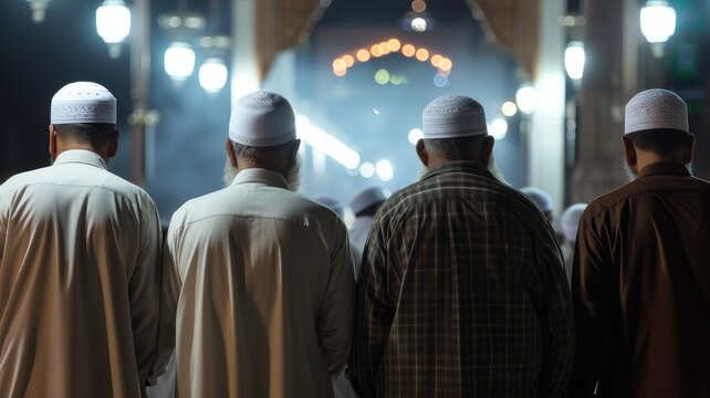Devout Muslim Men Entering the mosque for prayer at night, Muslims entering the mosque on Ramadan night for the Tarawih prayer, Authentic Cultural Night Scene of Muslims at the mosque