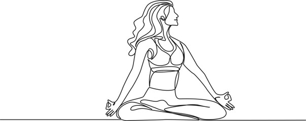 continuous single line drawing of fit woman meditating on floor, line art vector illustration