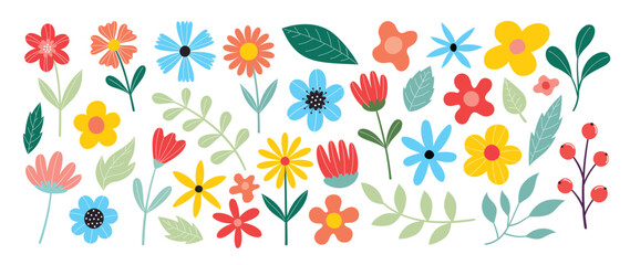 Collection of spring colorful flower elements vector. Set floral of wildflower, leaf branch, foliage on white background. Hand drawn blossom illustration for decor, easter, thanksgiving, clipart. - 736932651