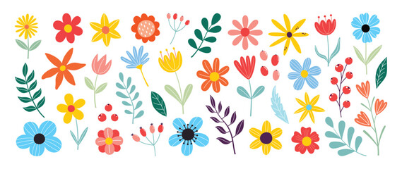 Collection of spring colorful flower elements vector. Set floral of wildflower, leaf branch, foliage on white background. Hand drawn blossom illustration for decor, easter, thanksgiving, clipart. - 736932657
