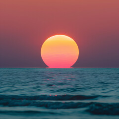 Close-Up of the Sun Dipping Below the Ocean Horizon at Sunset, Majestic Solar Disk Casting a Warm Glow Over Calm Sea Waters, Symbolizing Peace and the End of a Beautiful Day
