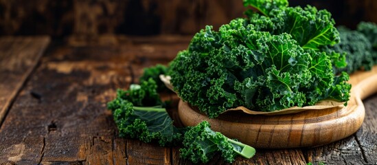 a pile of kale on a wooden cutting board on a wooden table . High quality - Powered by Adobe
