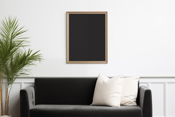 Blank frame mockup in living room with plant and black sofa