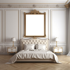 Blank golden photo frame on decorative wall with classic bedroom