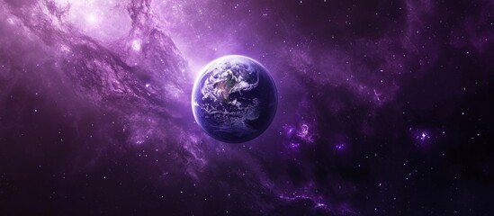 The Earth is a violet jewel in space, surrounded by a purple galaxy. The full moon shines in the electric blue sky, creating a mesmerizing scene - obrazy, fototapety, plakaty