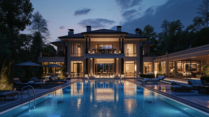 Naklejka premium Beautiful home exterior and large swimming pool on sun set sky.
