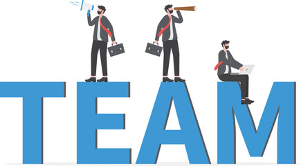 Team working together to win business success, teamwork, cooperation or collaboration, coworker partnership or office colleagues concept, business team people walking together holding the word TEAM.
