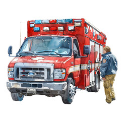 A background of emergency medical team with ambulance in watercolor style with transparent background