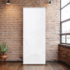 Blank white roll up banner mockup on brick wall