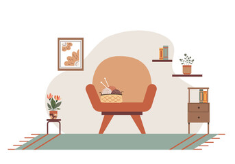 Cosy living room in a flat style. Comfortable place for rest and relaxation. Knitting on the chair.
