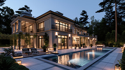 Obraz premium Beautiful home exterior and large swimming pool on sun set sky.