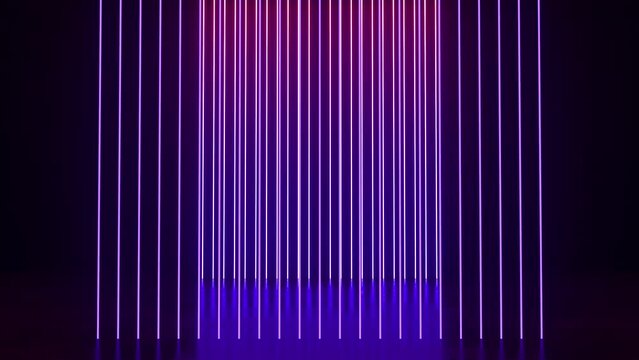 Endless corridor with neon lines tending up. Metal reflective scratched floor. Seamless loop 3d render. Modern colorful neon light spectrum. Animation of lines moving on the surface,  blue and purple 