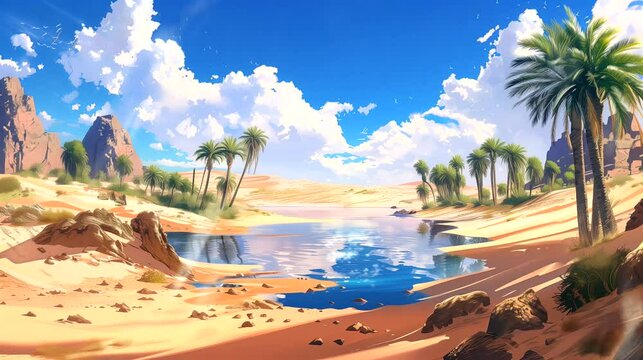 A peaceful oasis in the midst of a vast desert. Fantasy landscape anime or cartoon style, seamless looping 4k time-lapse virtual video animation background