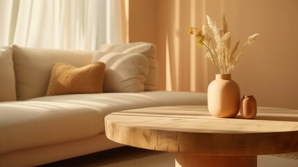 Fototapeta na wymiar Living room with wooden coffee table with a vase of dried flowers and cozy sofa. Decorative cushions. Interior in beige colors, soft sunlight and shadows.