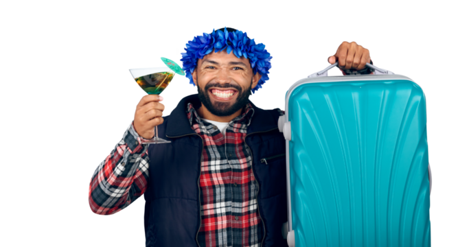 Man, vacation and cocktail with luggage for travel, smile and happiness on isolated, transparent png background. Leisure, suitcase and drink to celebrate with trip for adventure, destination and fun