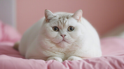 Fat tabby cat with white furs lying 