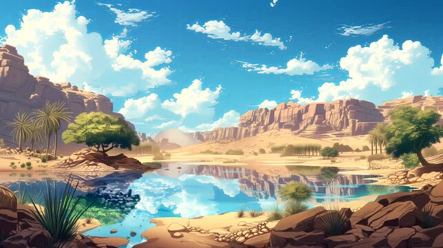 A peaceful oasis in the midst of a vast desert. Fantasy landscape anime or cartoon style, seamless looping 4k time-lapse virtual video animation background