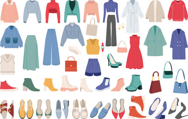 set of women's clothes and shoes in flat style vector - obrazy, fototapety, plakaty