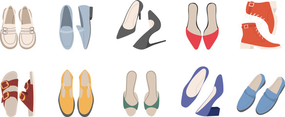 set of women's shoes top view in flat style vector