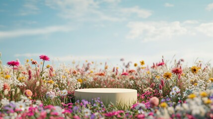 Background scene with empty wooden podium platform and blurred summer flowers field. Beauty product display. Organic Natural concept. Mock up, Spa.