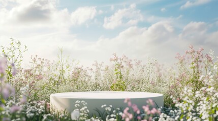 Fototapeta na wymiar Empty product display podium with flowers field meadow on background. 3D stage showcase, beauty skincare cosmetics concept presentation.