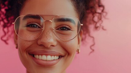 A young woman with curly hair wearing round glasses smiling with freckles on her face against a pink background.
