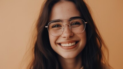Young woman with freckles wearing glasses smiling at the camera with a warm inviting expression.